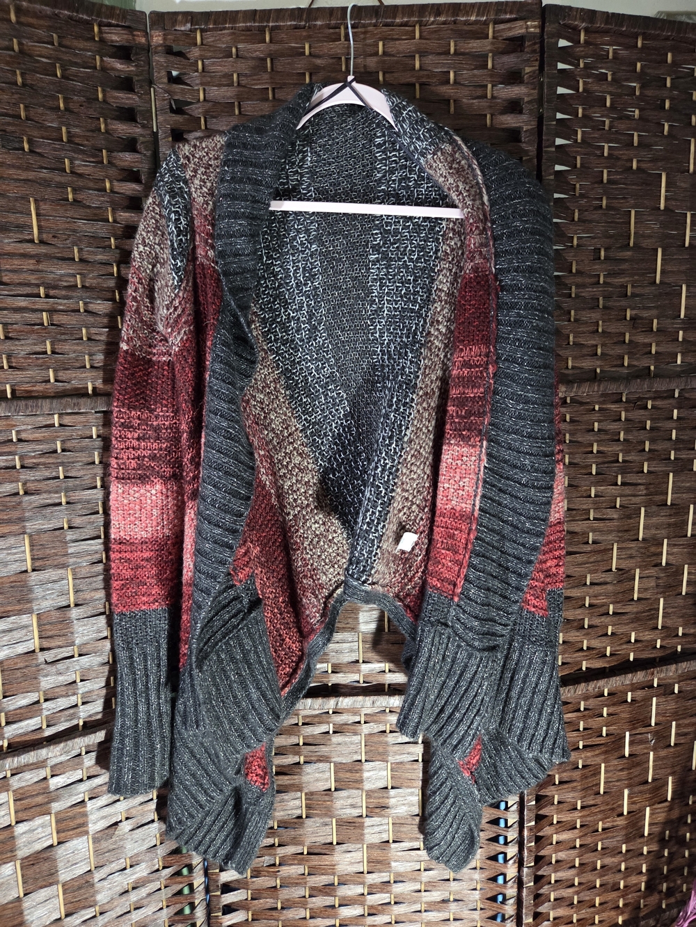 a.n.a Open-Front Colorblock Cardigan in Charcoal, Burgundy & Brown